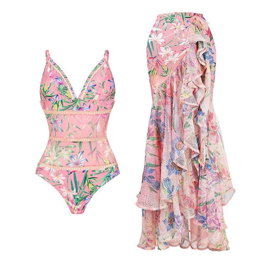 Swimsuit + coverup skirt set sz S